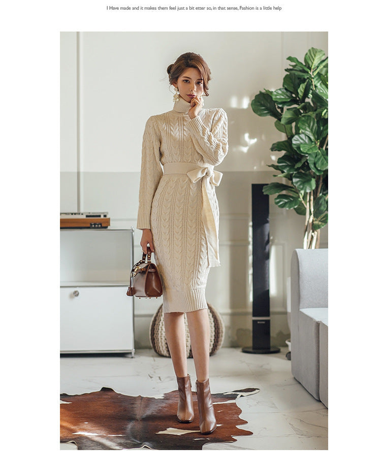 High Collar Twist Lace-up Waist Mid-length Sweater Dress DON JUAN