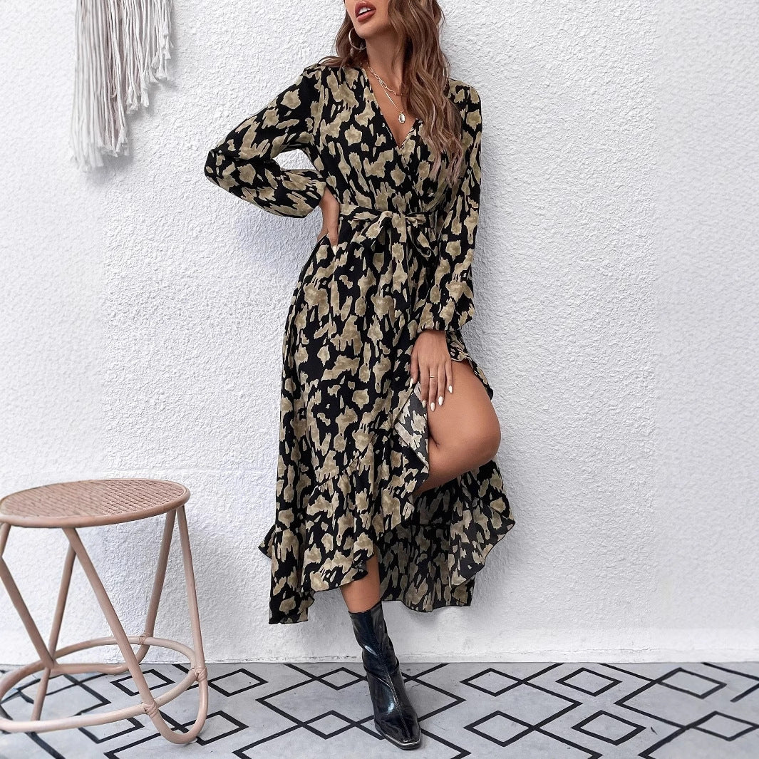 V-neck Leopard Print Lace-up Dress Women DON JUAN