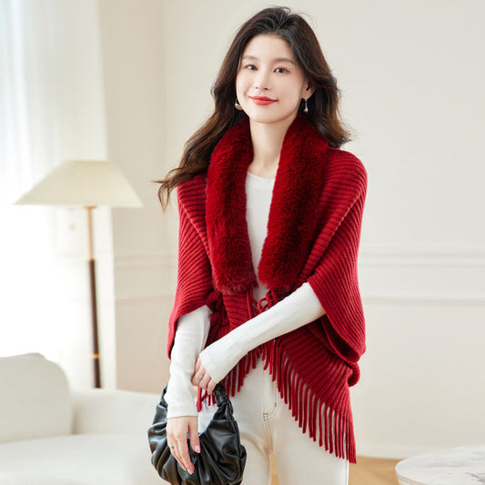 Women's Loose Tassel Fashion Shawl Jacket With Fur Collar DON JUAN