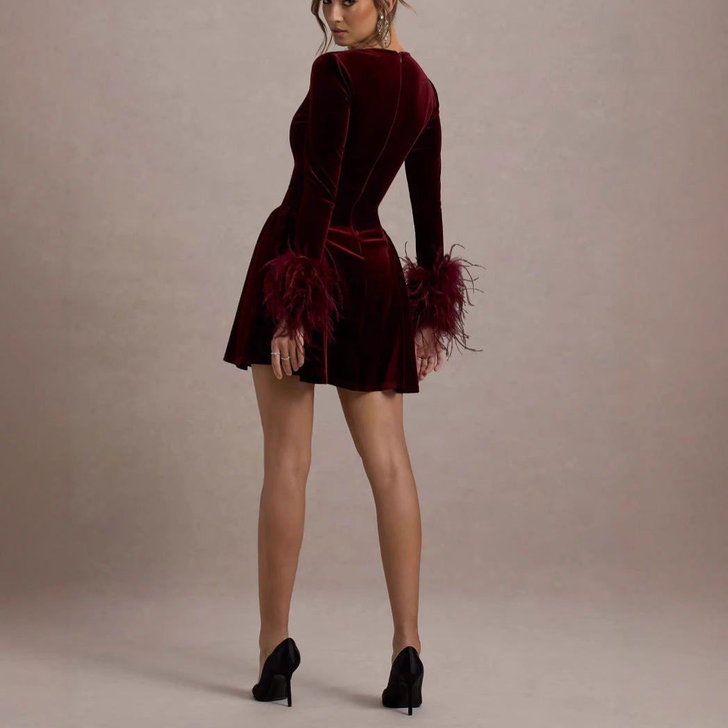 Autumn And Winter A- Line Waist Fitted Furry Long Sleeve V-neck Short Dress DON JUAN