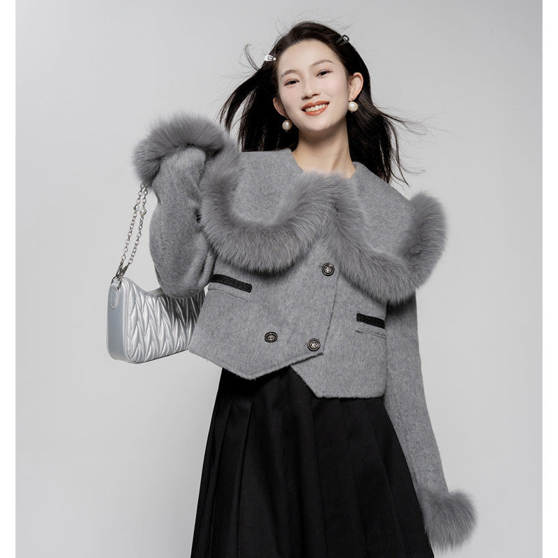 Fox Fur Lapel Sweet Small Short High Waist Woolen Coat DON JUAN