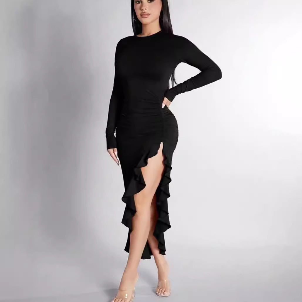 Round Neck Long Sleeve Slim Solid Color Frill Split Ruffled Dress DON JUAN