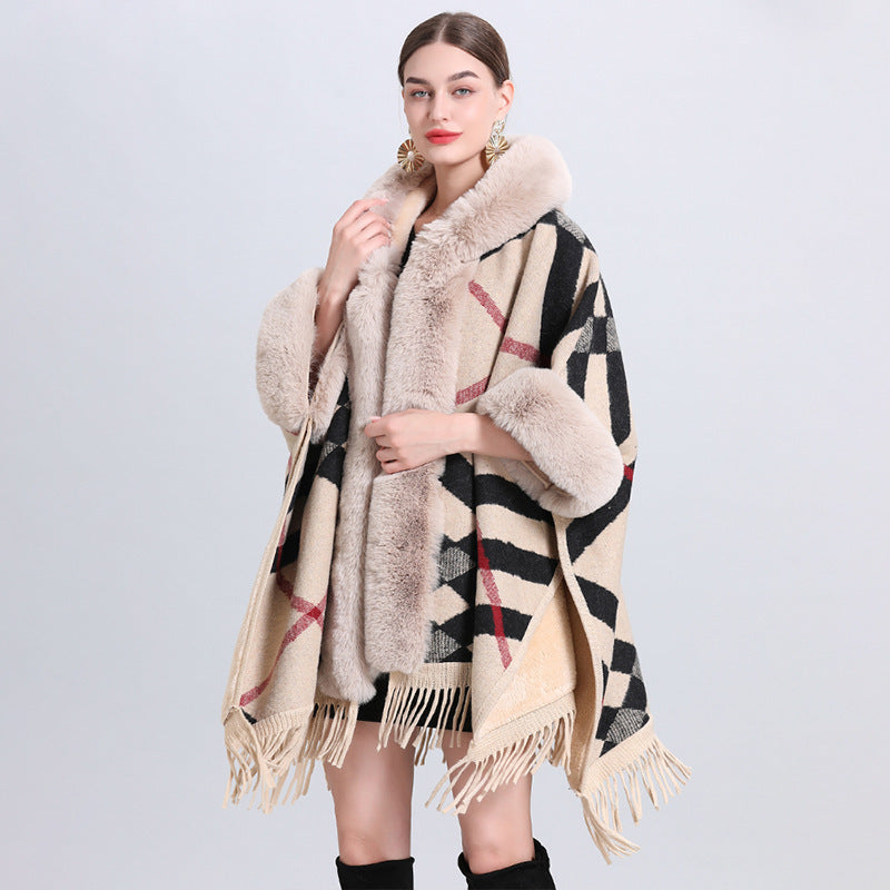 Loose Plaid Plus Cashmere Fur Collar Knitted Inverness DON JUAN