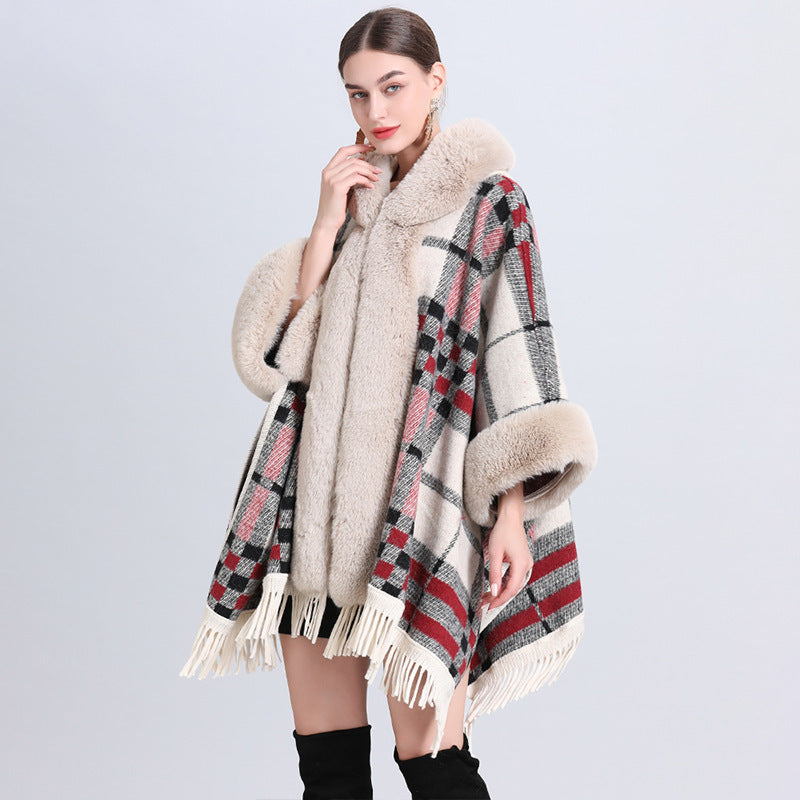 Loose Plaid Plus Cashmere Fur Collar Knitted Inverness DON JUAN