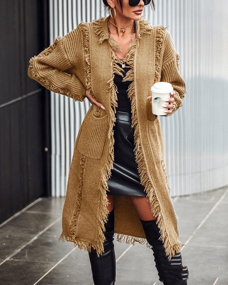 Lapel Tassel Long Knitted Coat 