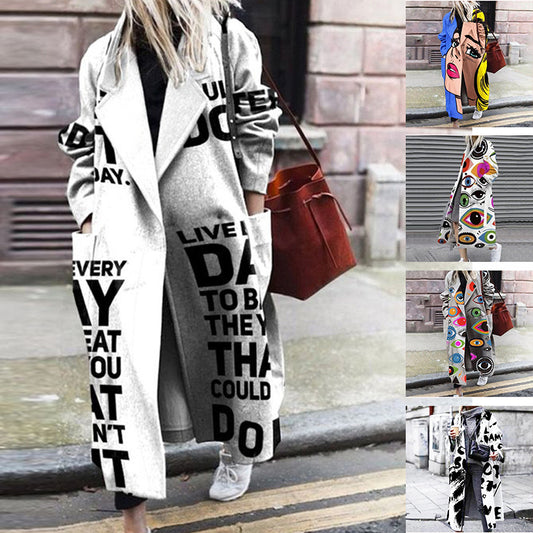 Women's Autumn And Winter Print Long Coat With Long Sleeves DON JUAN