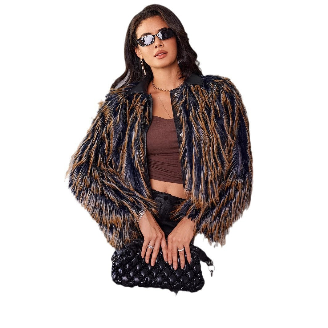 Women's Fur Coat Winter Warm Contrast Color DON JUAN