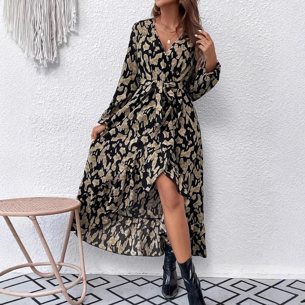 V-neck Leopard Print Lace-up Dress Women DON JUAN