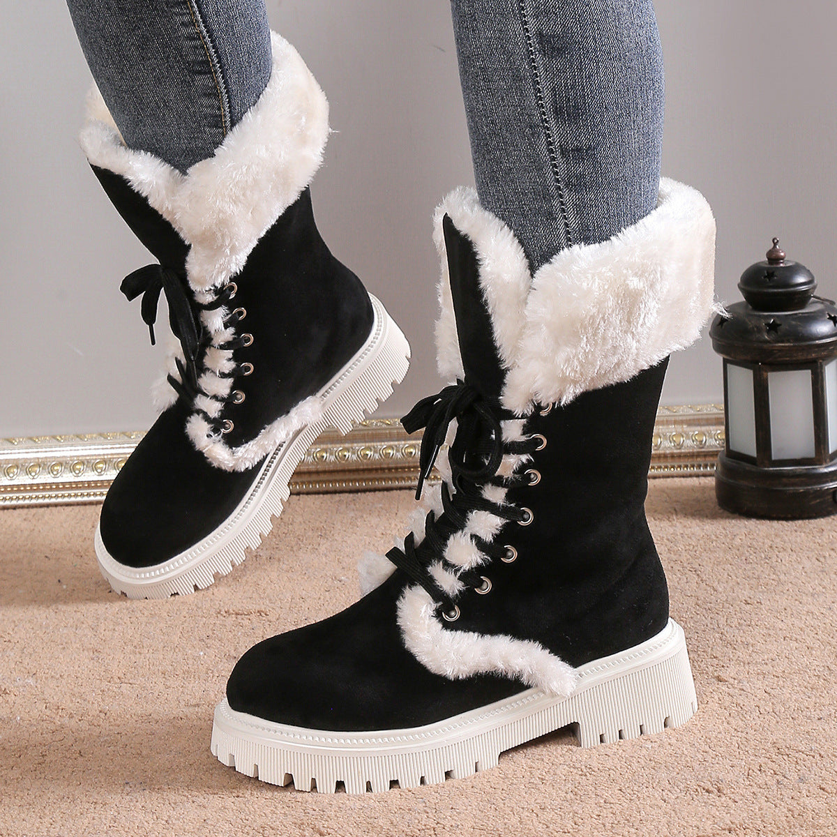 Winter Lace-up Snow Boots For Women Mid-tube Fleece Shoes Warm Chunky Heels Plush Boot DON JUAN