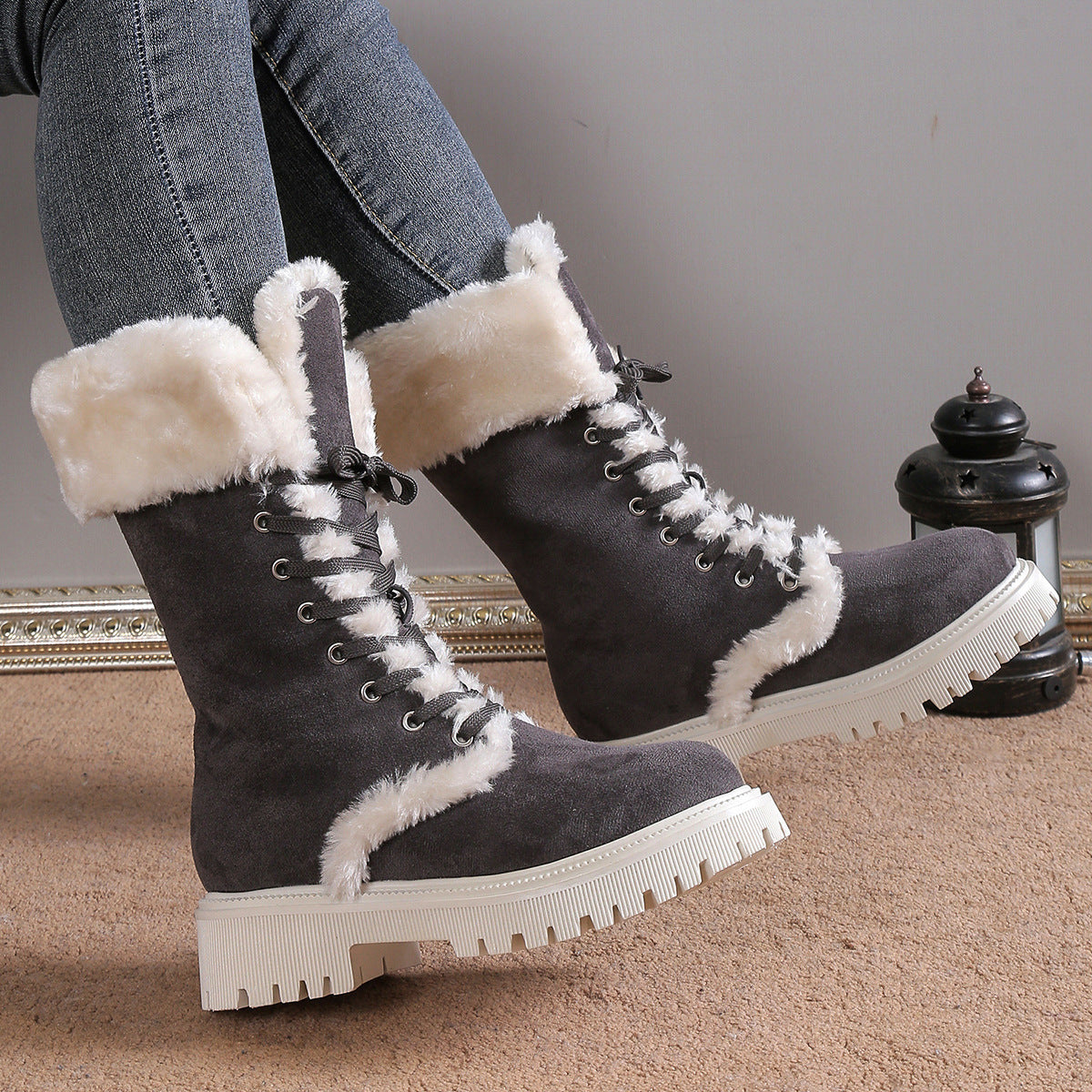 Winter Lace-up Snow Boots For Women Mid-tube Fleece Shoes Warm Chunky Heels Plush Boot DON JUAN