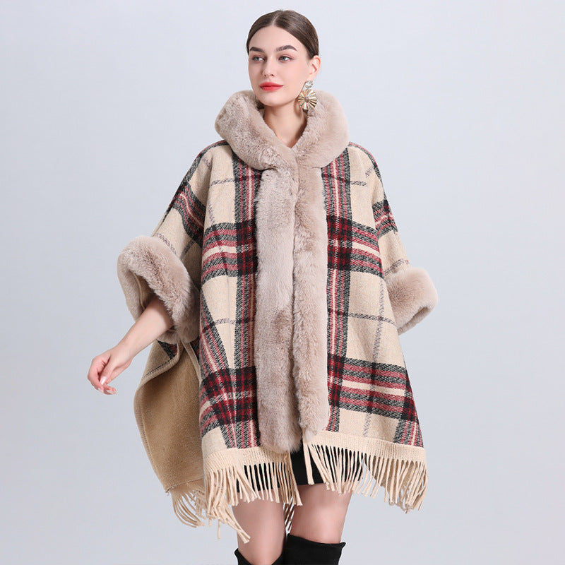 Loose Plaid Plus Cashmere Fur Collar Knitted Inverness DON JUAN