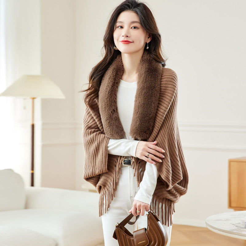 Women's Loose Tassel Fashion Shawl Jacket With Fur Collar DON JUAN