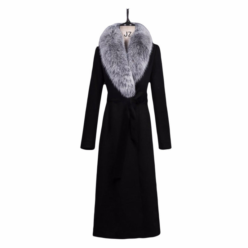 Real Fox Fur Collar Wool Overcoat Super Long Waist DON JUAN