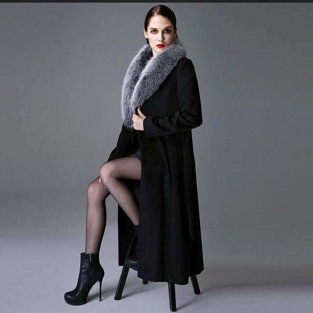 Real Fox Fur Collar Wool Overcoat Super Long Waist DON JUAN