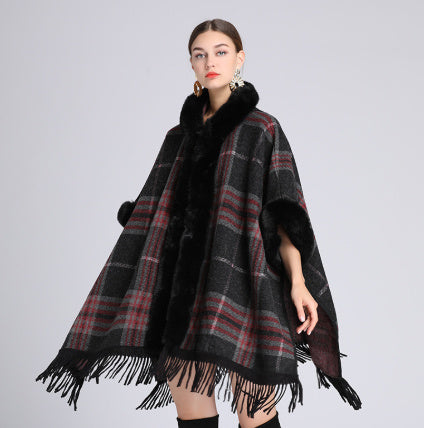 Loose Plaid Plus Cashmere Fur Collar Knitted Inverness DON JUAN